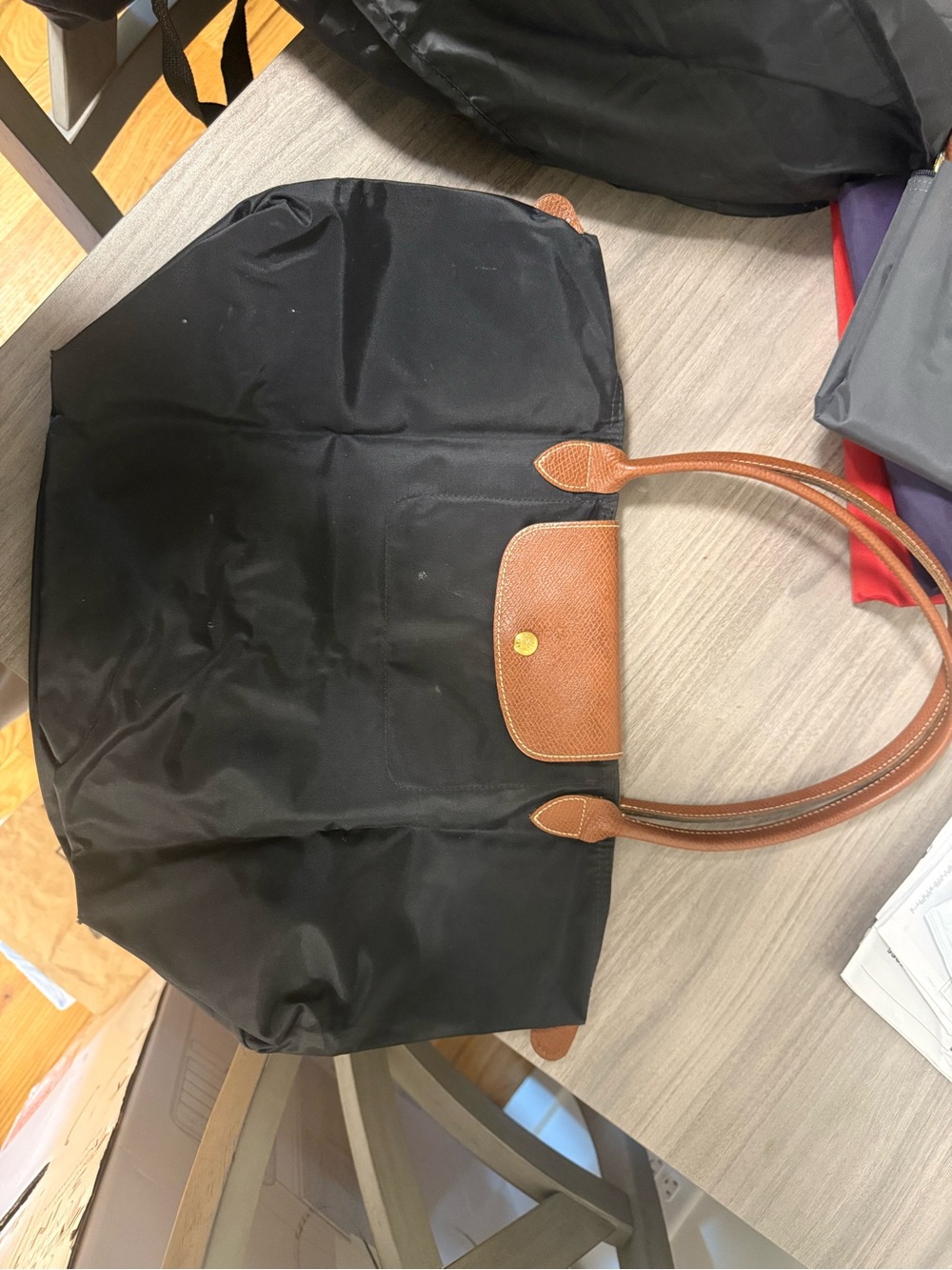 Longchamp Medium Black Tote with Brown Leather Trim